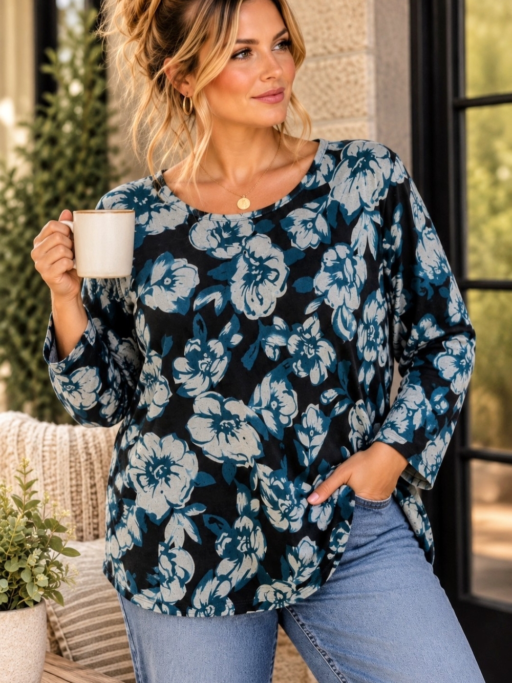 Silverts Adaptive Floral Top 3XL Blue Black Snap Shoulder Open Back Fall Perfect